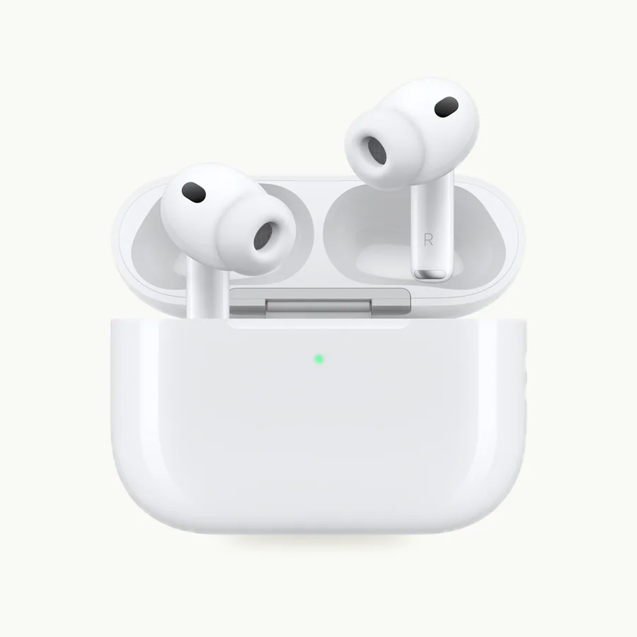 AirPods Pro 3: White AirPods Pro 3 earbuds in their open charging case