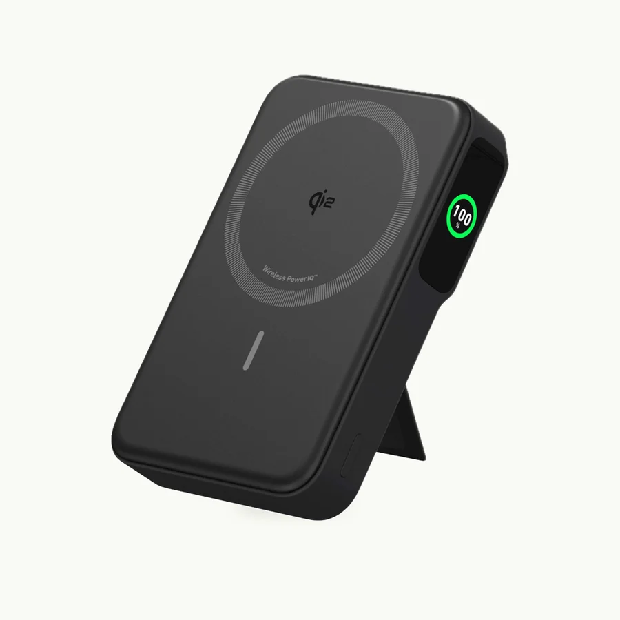 MagGo Power Bank (10K): Black Anker MagGo power bank with its fold-out stand open