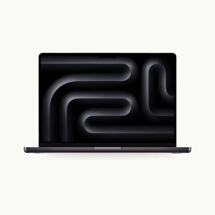 MacBook Pro 14-inch (M5): Space Black 14-inch M5 MacBook Pro shown open from the front with its abstract dark wallpaper