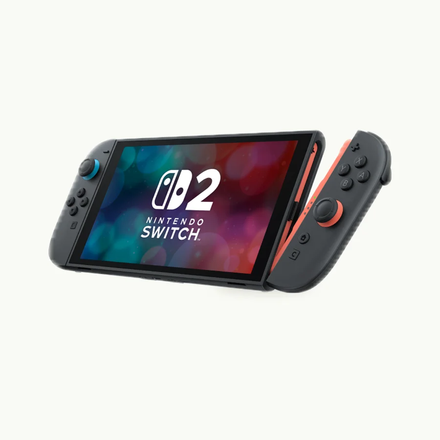 Nintendo Switch 2: Black Nintendo Switch 2 shown at a three-quarter angle with its right Joy-Con 2 slightly detached