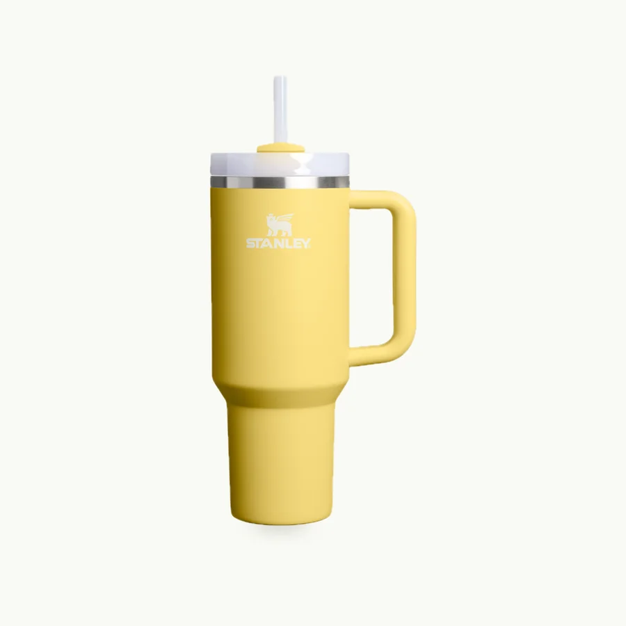 Quencher H2.0 Tumbler (40oz): Yellow Quencher H2.0 tumbler with its handle and straw