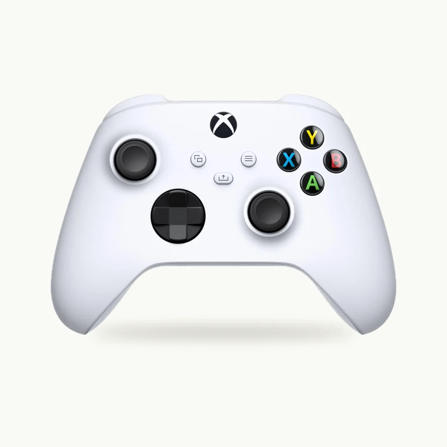 Xbox Wireless Controller: One Robot White Xbox Wireless Controller shown from the front with black controls and colored face buttons